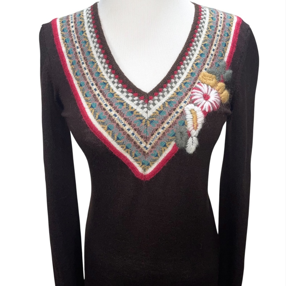 Vintage Kenzo Embroidered Sweater Med Fair Isle V-Neck Floral Appliqué Mohair - Picture 2 of 8